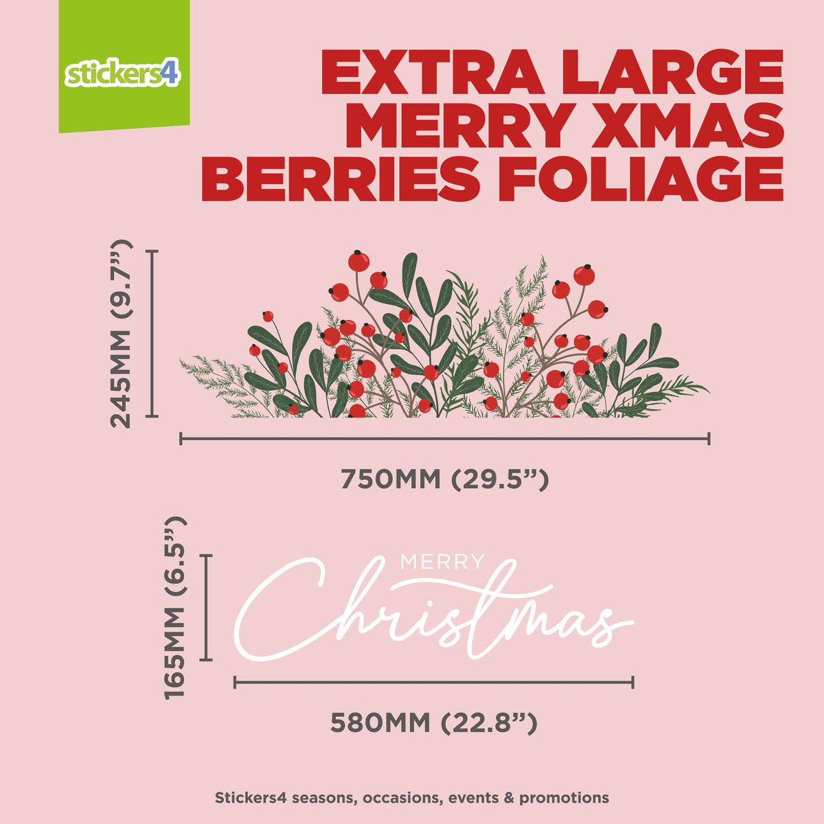 Merry Christmas Berries Foliage Window Stickers