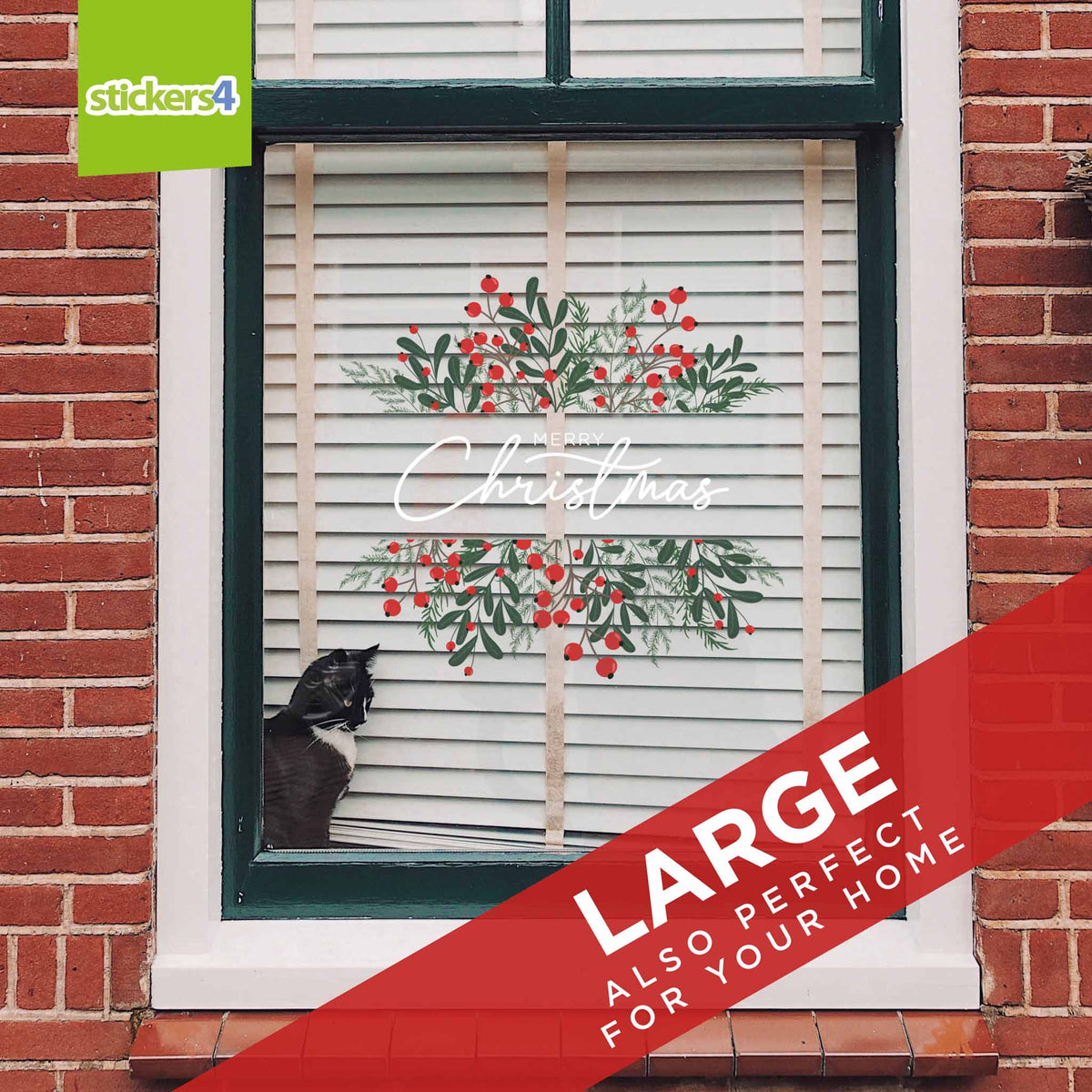 Merry Christmas Berries Foliage Window Stickers