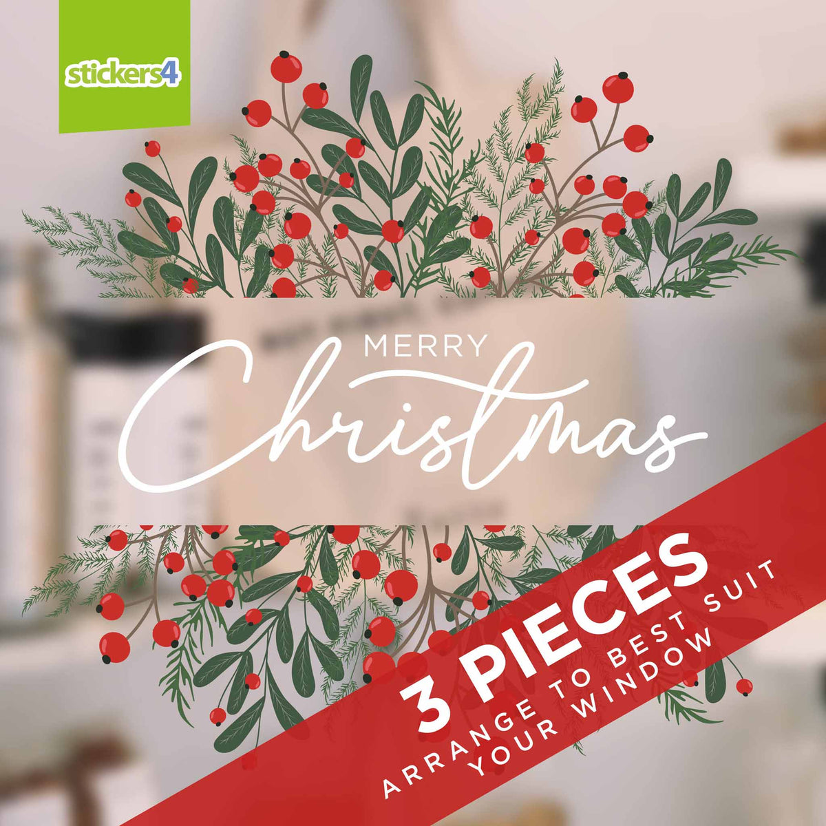 Merry Christmas Berries Foliage Window Stickers