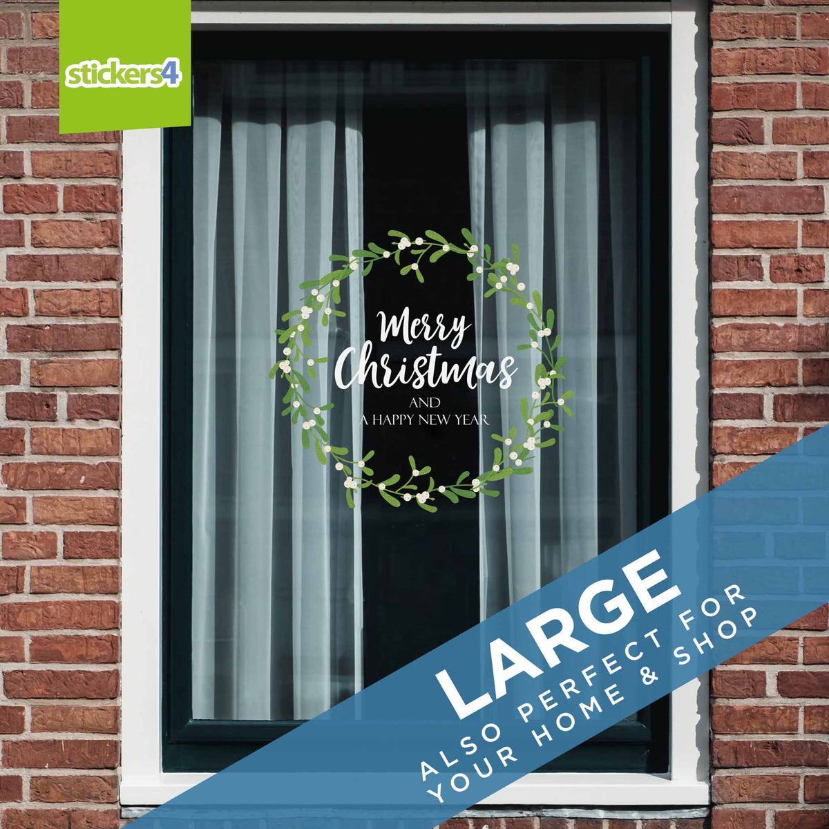 Merry Christmas Mistletoe Wreath Window Sticker