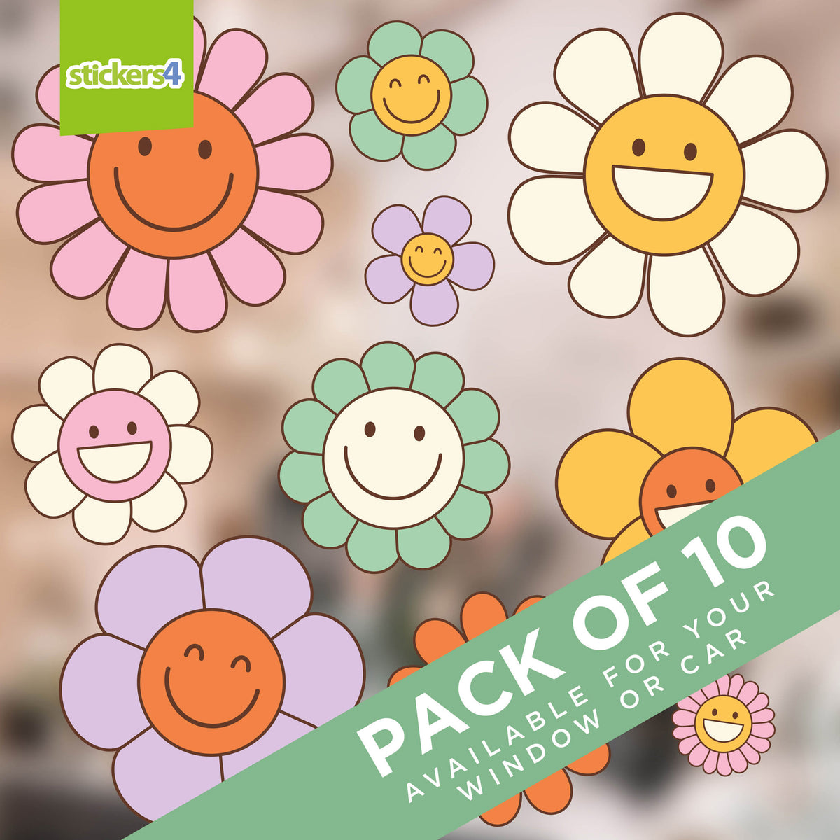 Mixed Pack of Smiling Flowers Window or Car Stickers