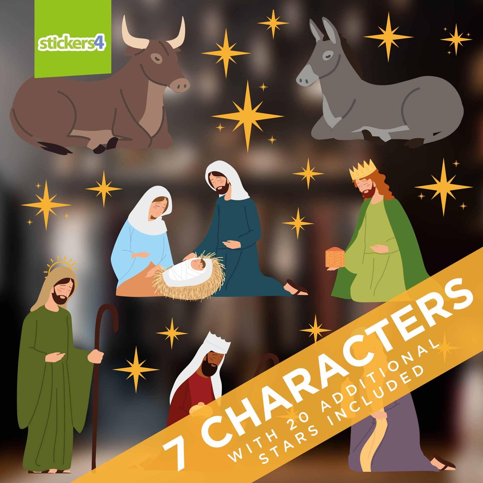 Nativity Character Window Stickers - with Bonus Stars Christmas Window Display