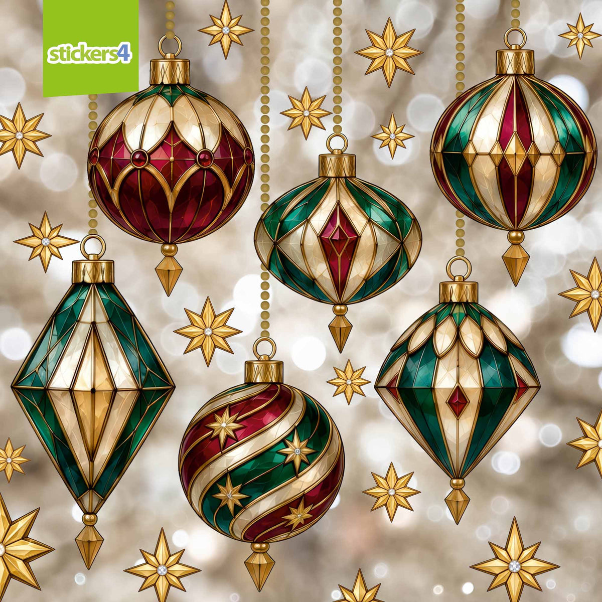 Close-up of six Neo-Deco baubles window clings with gold stars and hanging chains