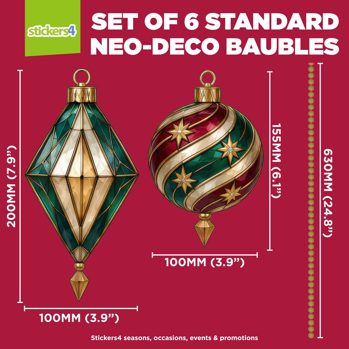 Standard Neo-Deco bauble window sticker dimensions with 630mm hanging chains