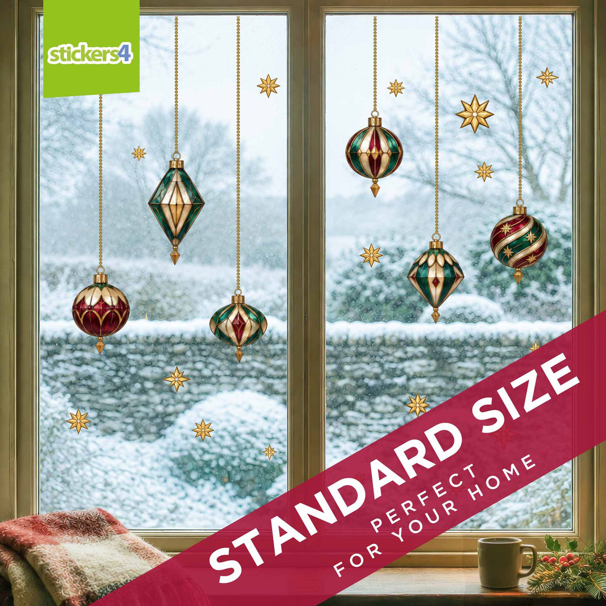 Standard Neo-Deco Christmas bauble window stickers displayed in a home