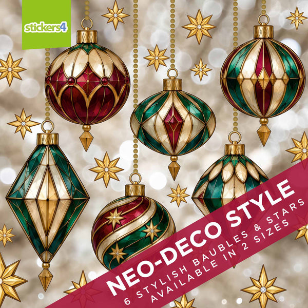 Neo-Deco Christmas bauble window stickers in ruby, emerald and gold