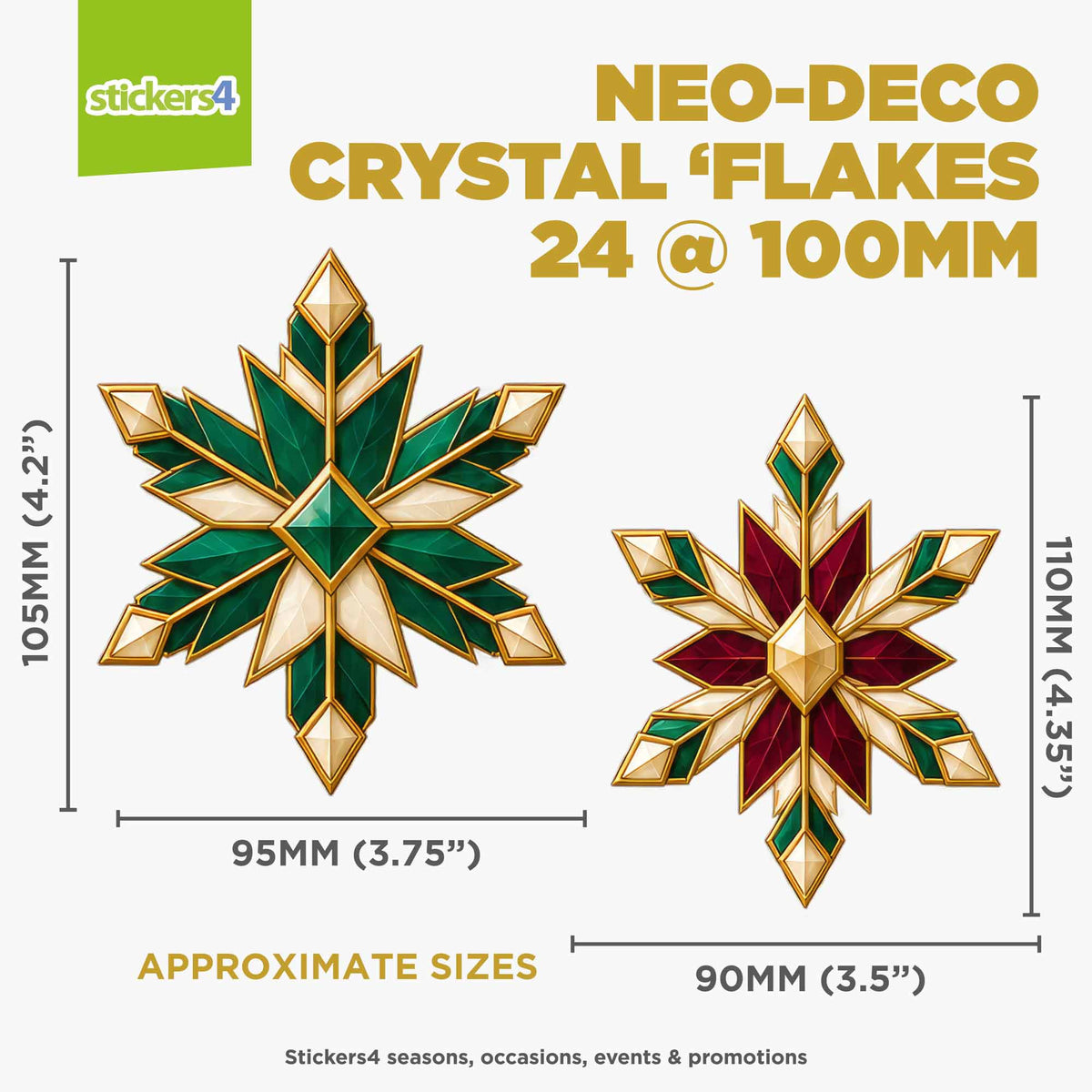 Small Neo-Deco snowflake sticker size guide with 24-piece set