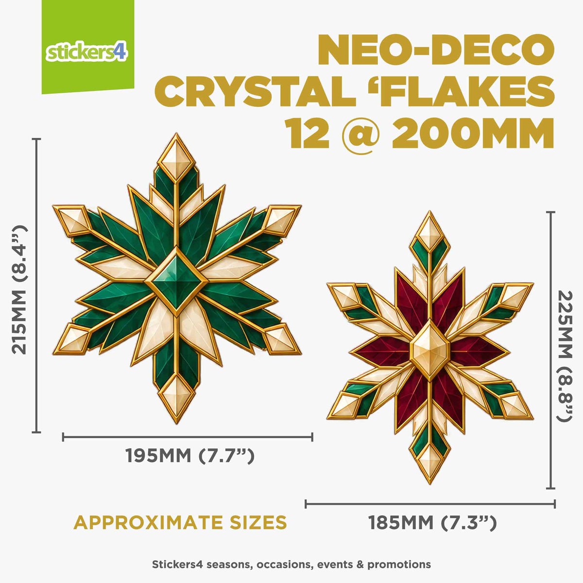 Large Neo-Deco snowflake decoration size guide with 12-piece set