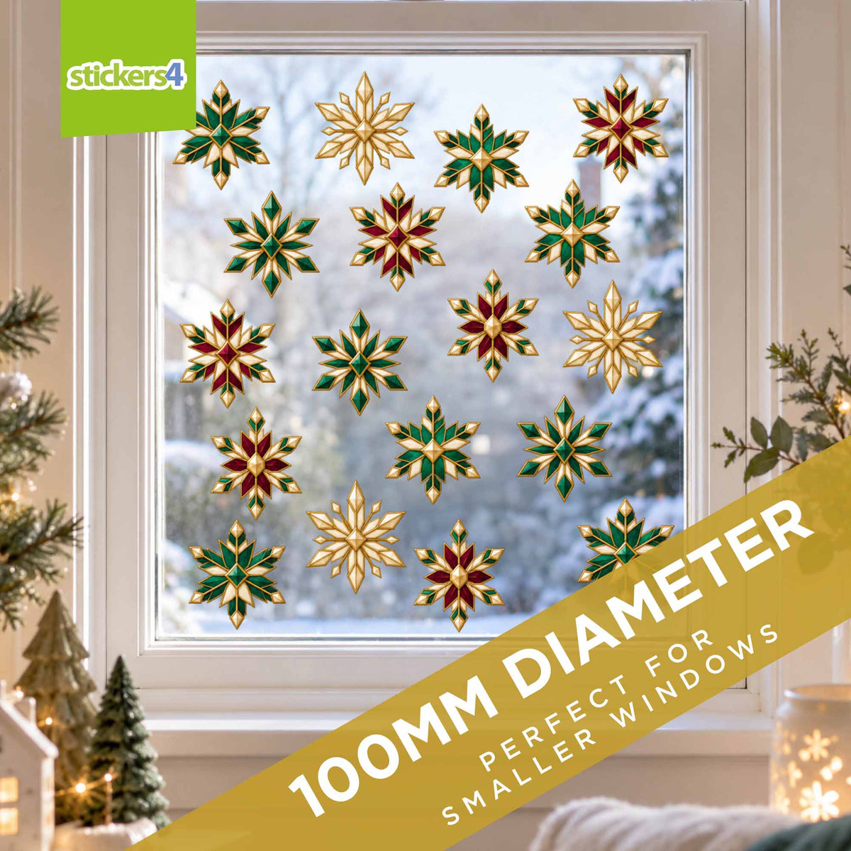 Small 100mm Neo-Deco snowflake window sdecorations on a domestic window