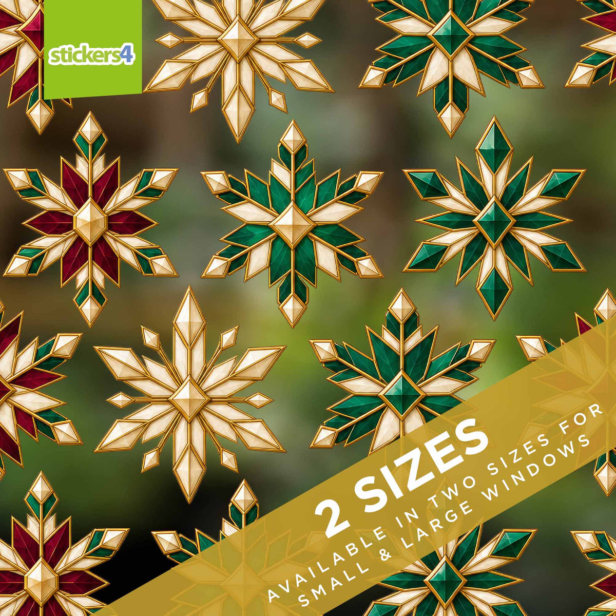 Neo-Deco crystal snowflake window stickers in emerald ruby ivory and gold