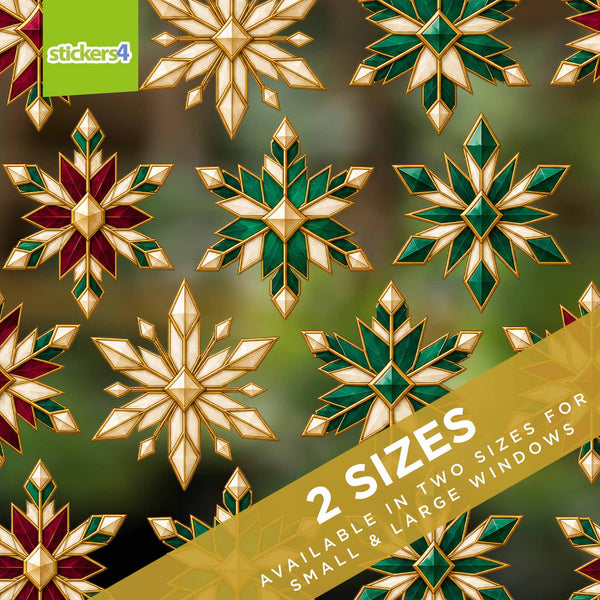 Neo-Deco crystal snowflake window stickers in emerald ruby ivory and gold