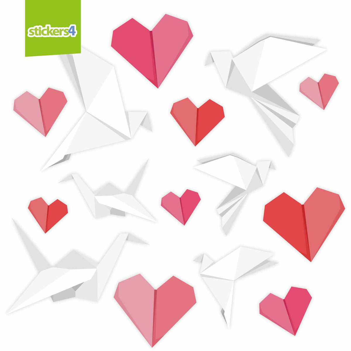 Pack of Origami Style Birds and Hearts Window Stickers