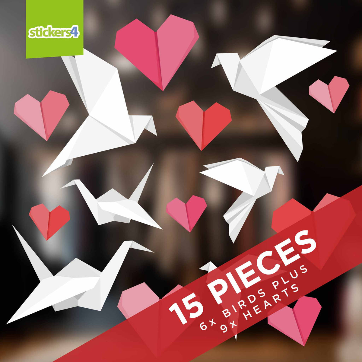 Pack of Origami Style Birds and Hearts Window Stickers