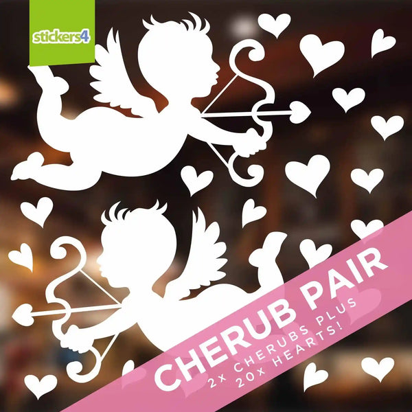 Pair of Large Cherubs with 20 Hearts Window Clings Valentine's Day Display