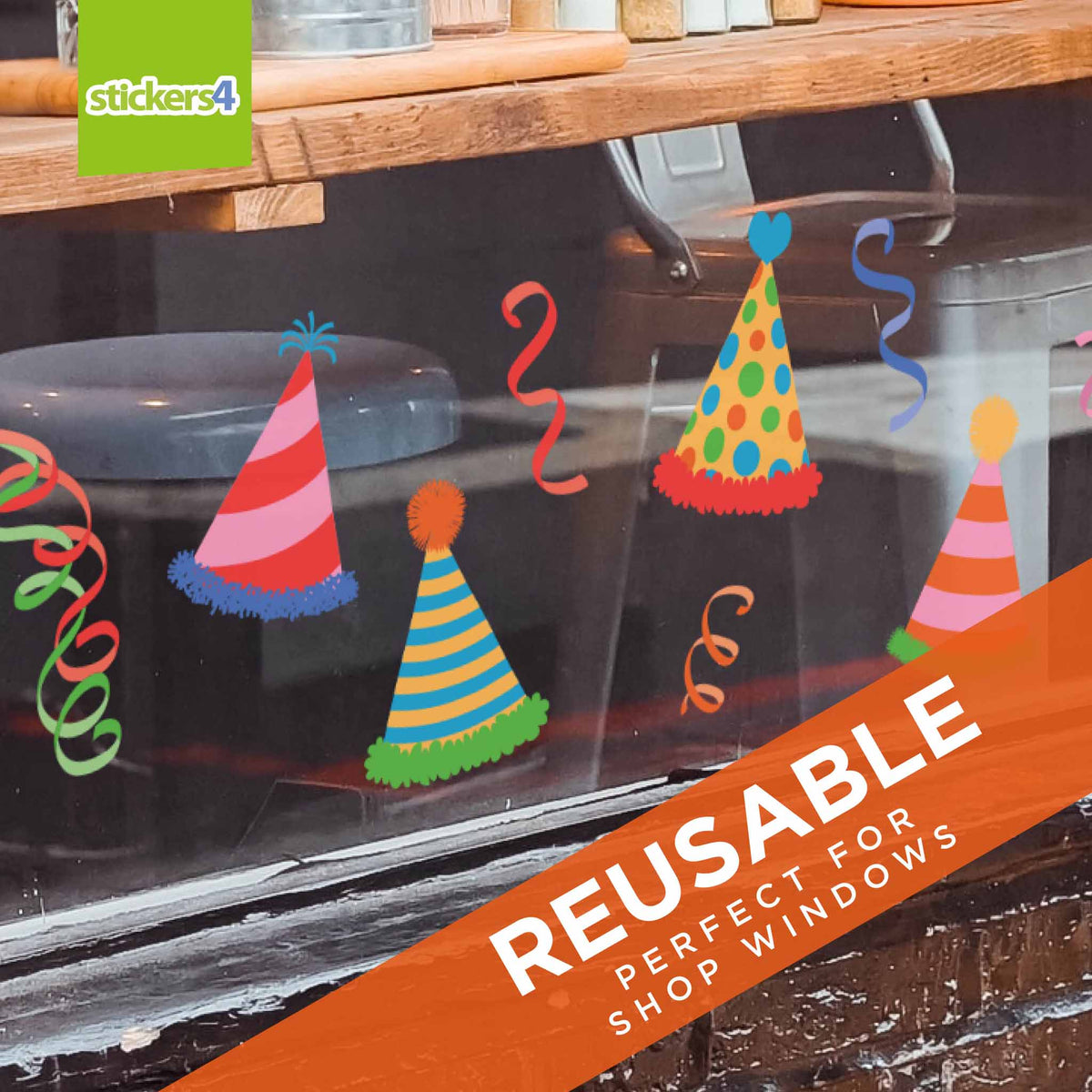 Pack of Party Hats and Streamer Window Stickers