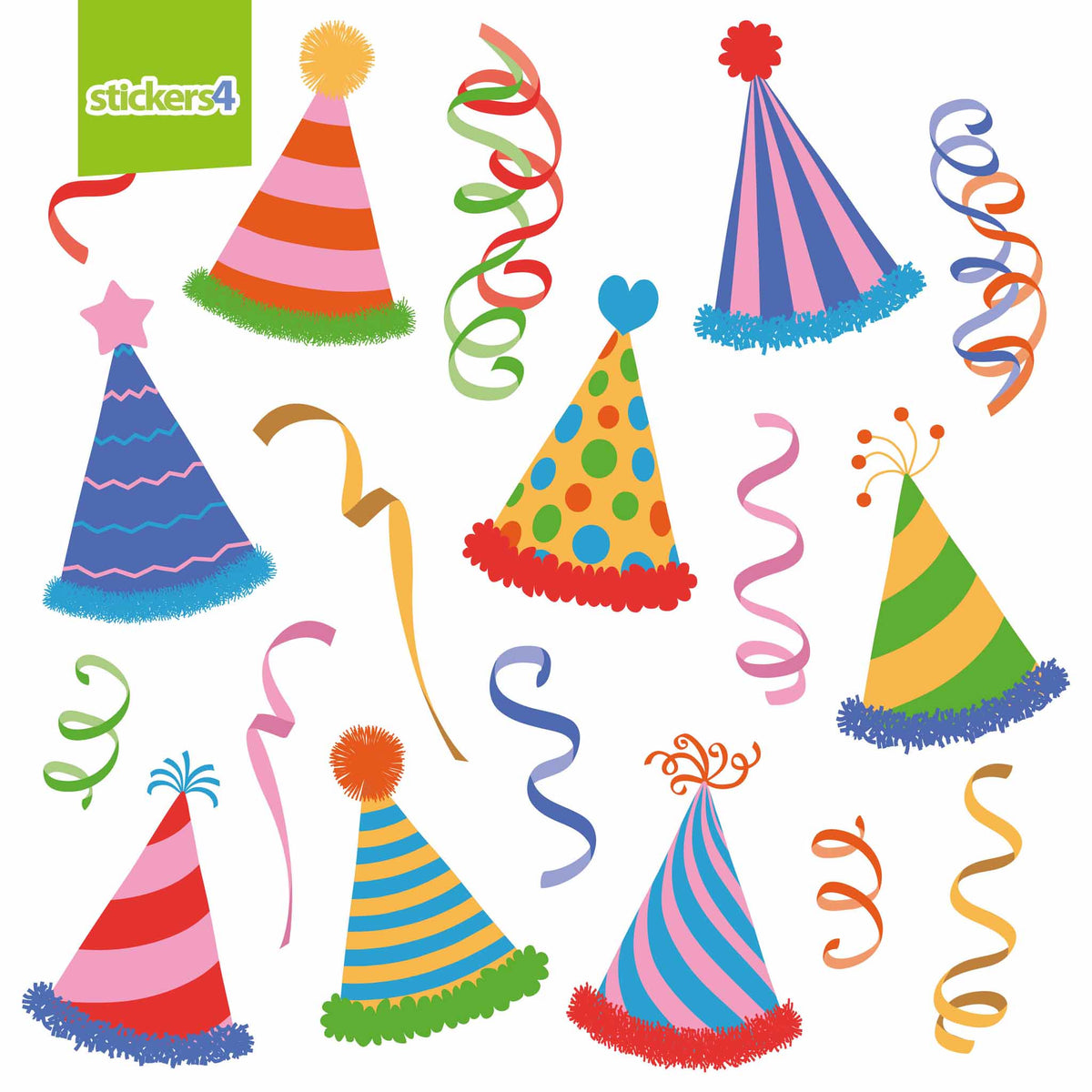 Pack of Party Hats and Streamer Window Stickers