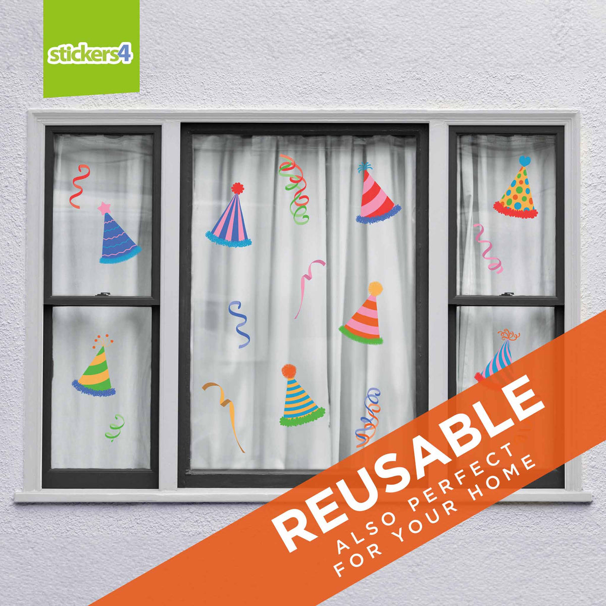 Pack of Party Hats and Streamer Window Stickers