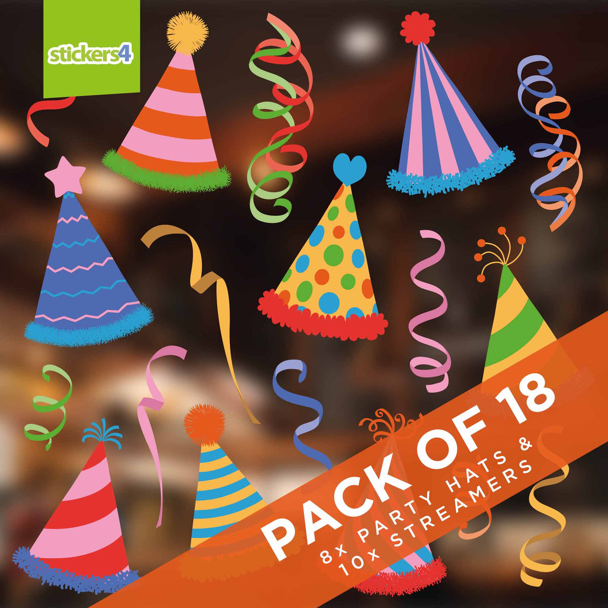 Pack of Party Hats and Streamer Window Stickers