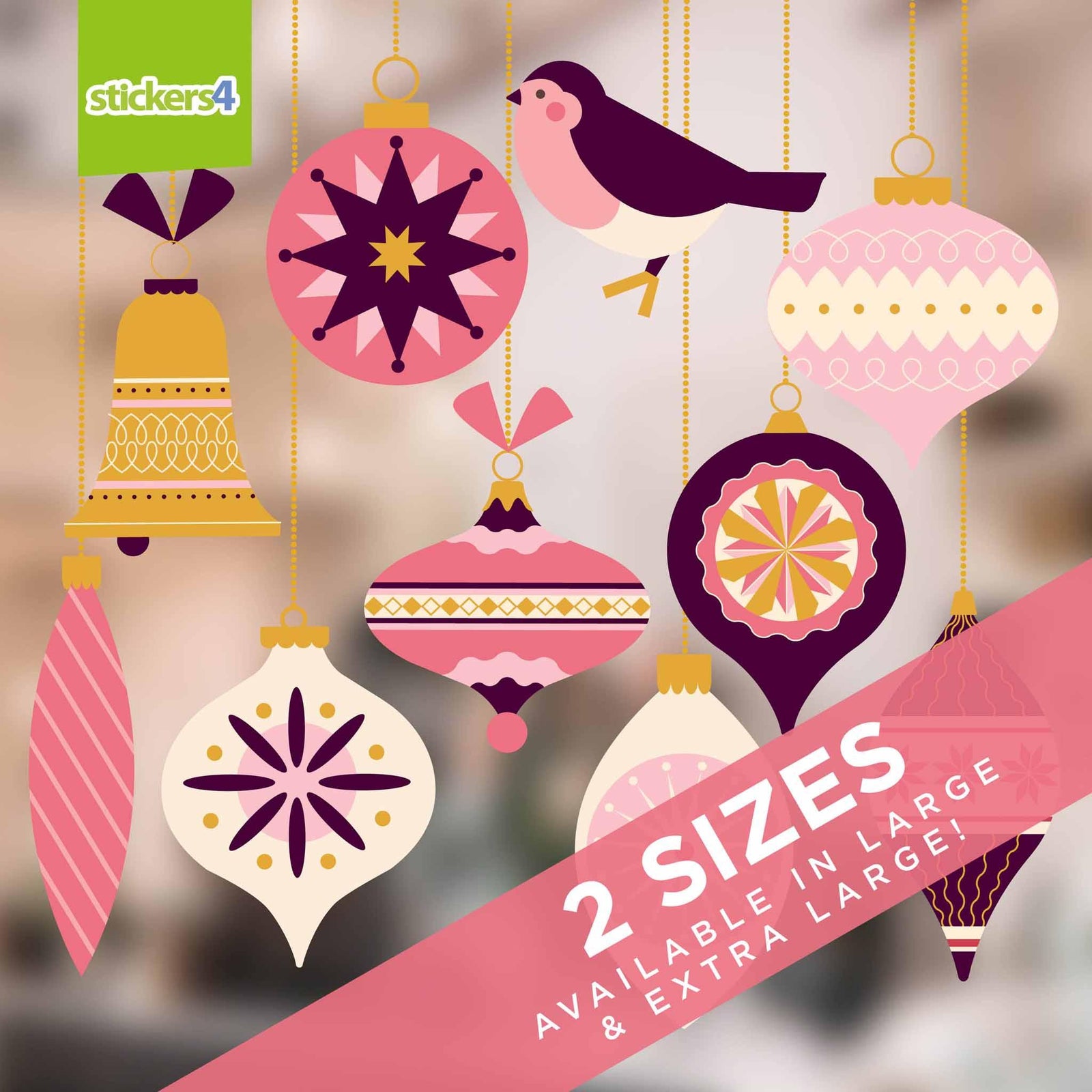 10x Pink Vintage Style Baubles with 'Strings' Christmas Window Display