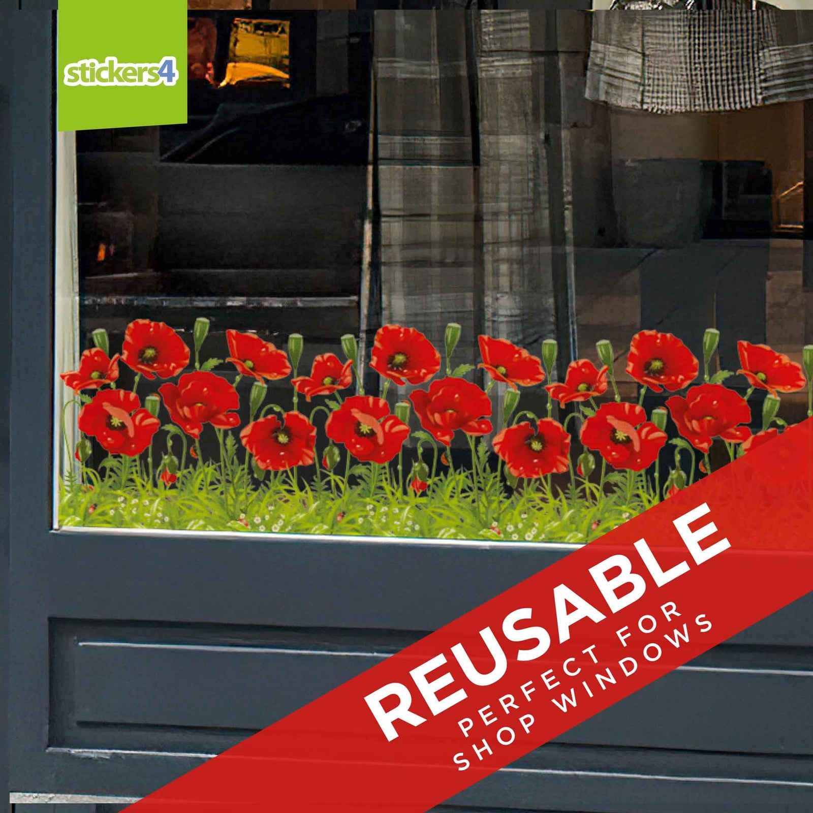 Poppy Border Window Cling Sticker for Shop Window Display Remembrance Window Display
