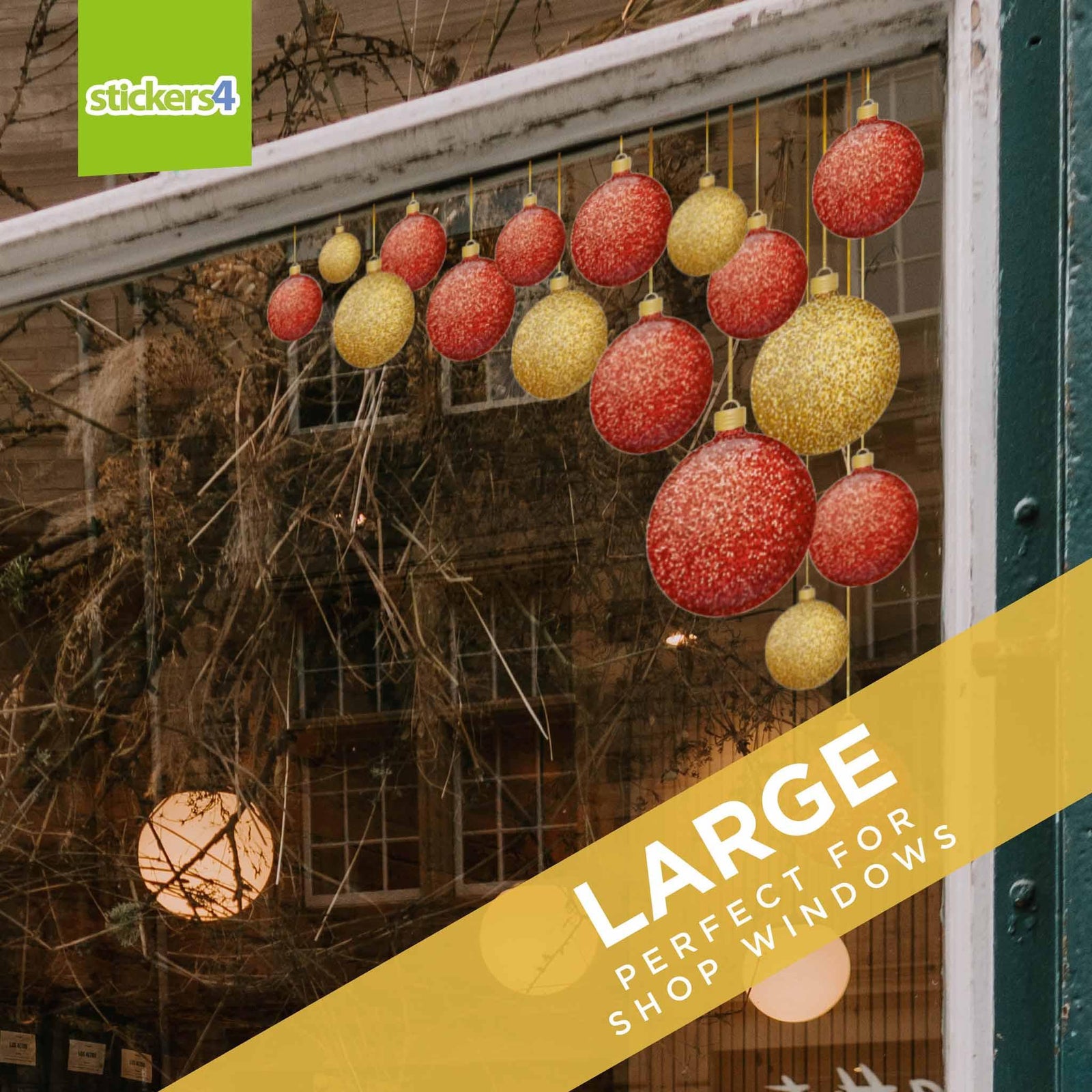 Glitter Effect Red & Gold Double-Sided Bauble Window Cling Corners Christmas Window Display