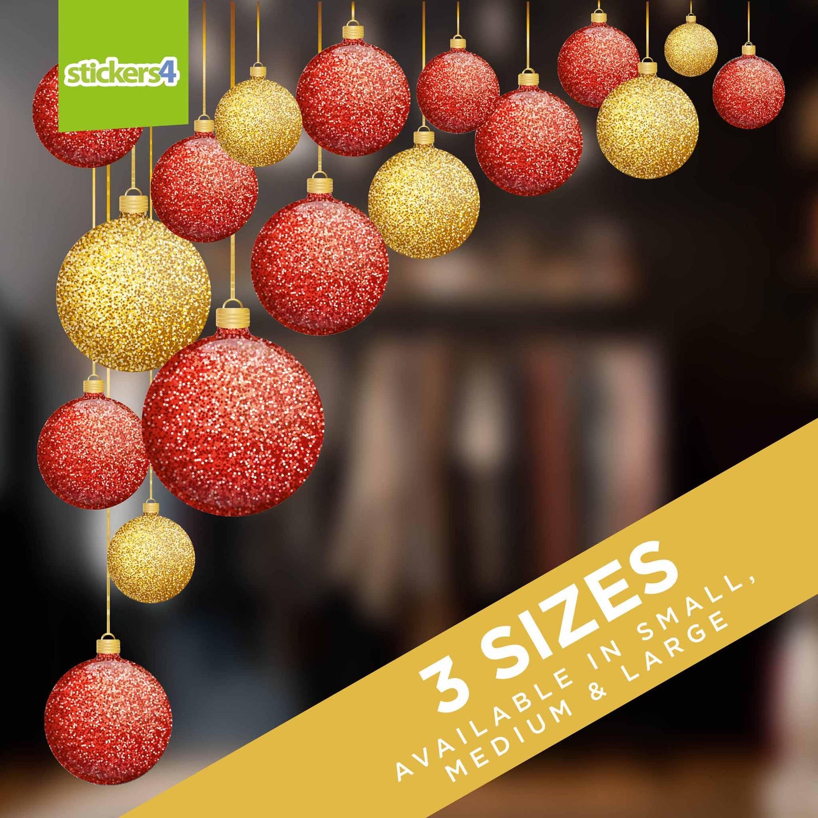 Glitter Effect Red & Gold Double-Sided Bauble Window Cling Corners Christmas Window Display