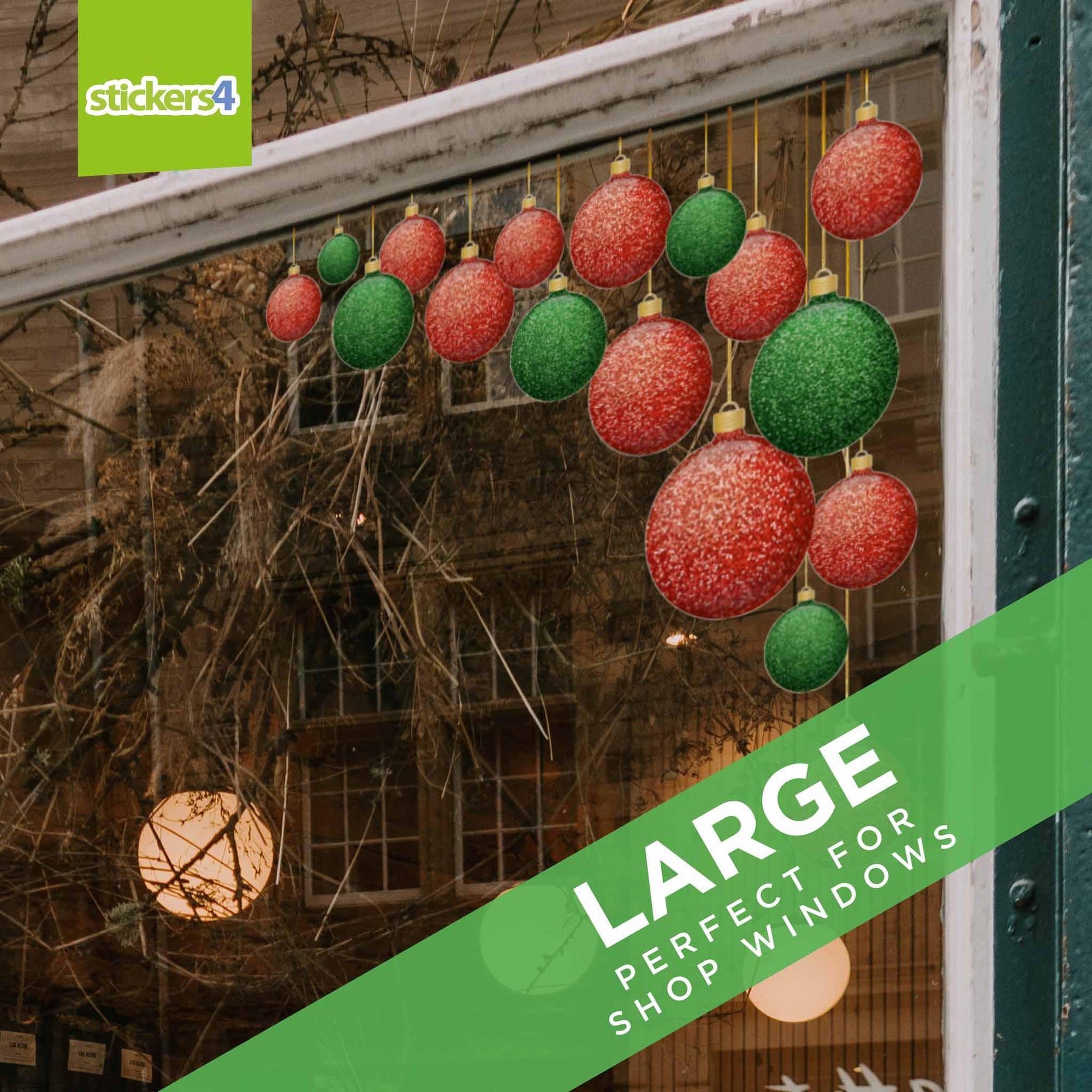 Glitter Effect Red & Green Double-Sided Bauble Window Cling Corners Christmas Window Display