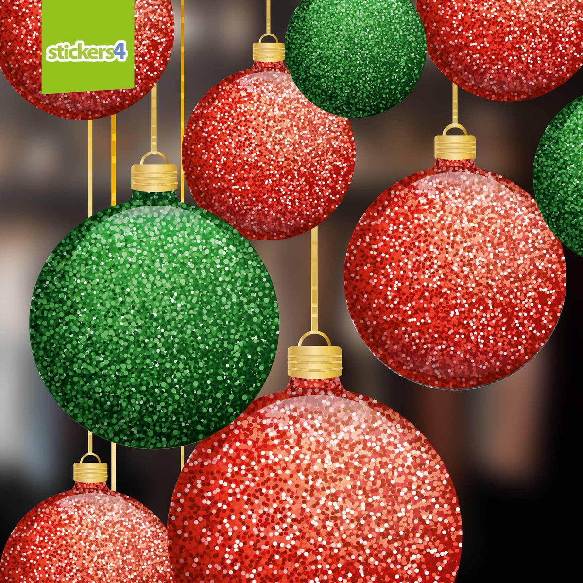 Glitter Effect Red &amp; Green Double-Sided Bauble Window Cling Corners Christmas Window Display