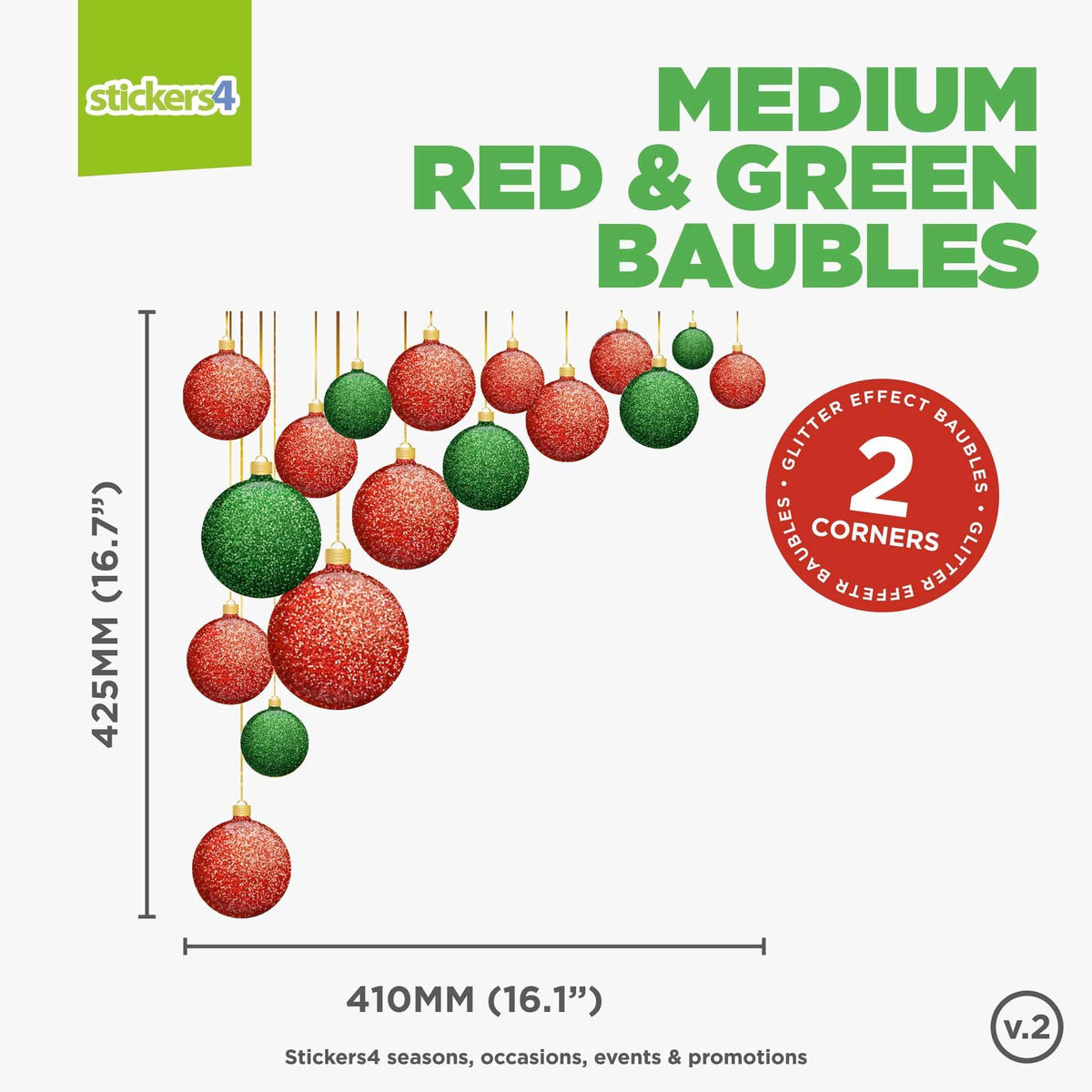 Glitter Effect Red &amp; Green Double-Sided Bauble Window Cling Corners Christmas Window Display