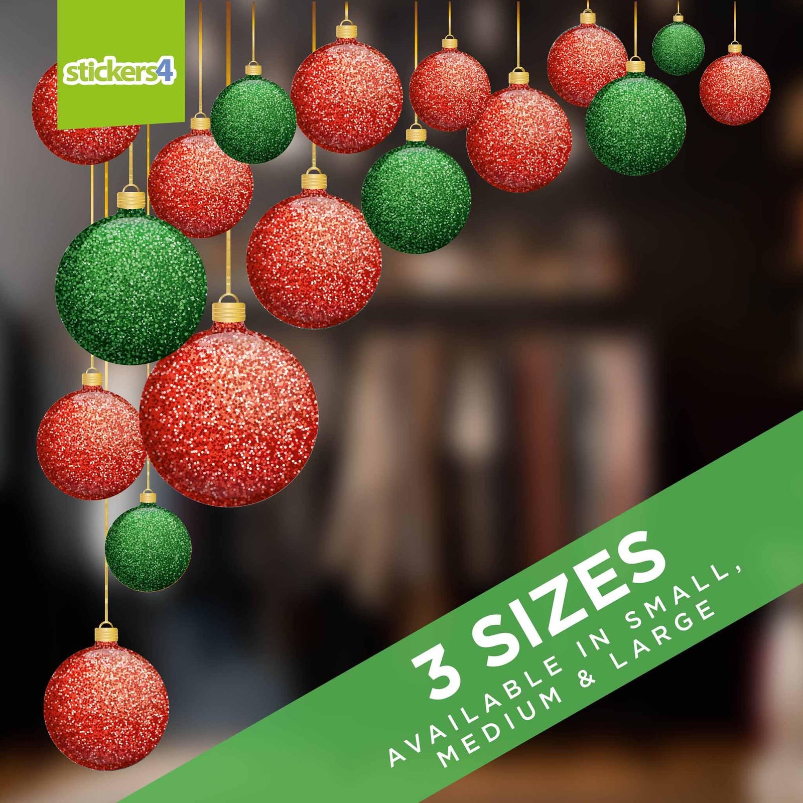 Glitter Effect Red & Green Double-Sided Bauble Window Cling Corners Christmas Window Display