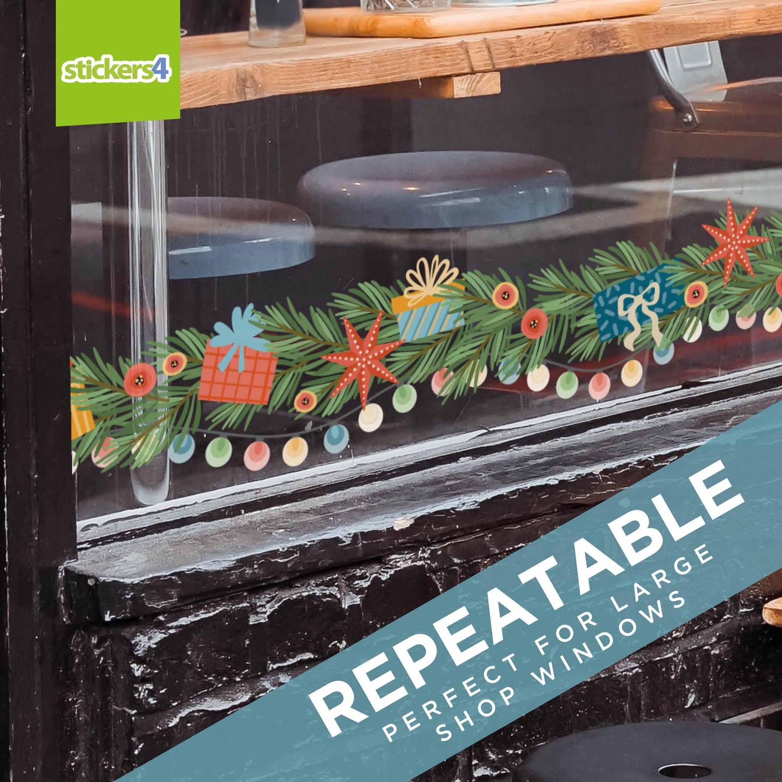 Scandi Lights and Gifts Garland Border Window Sticker Christmas Window Display