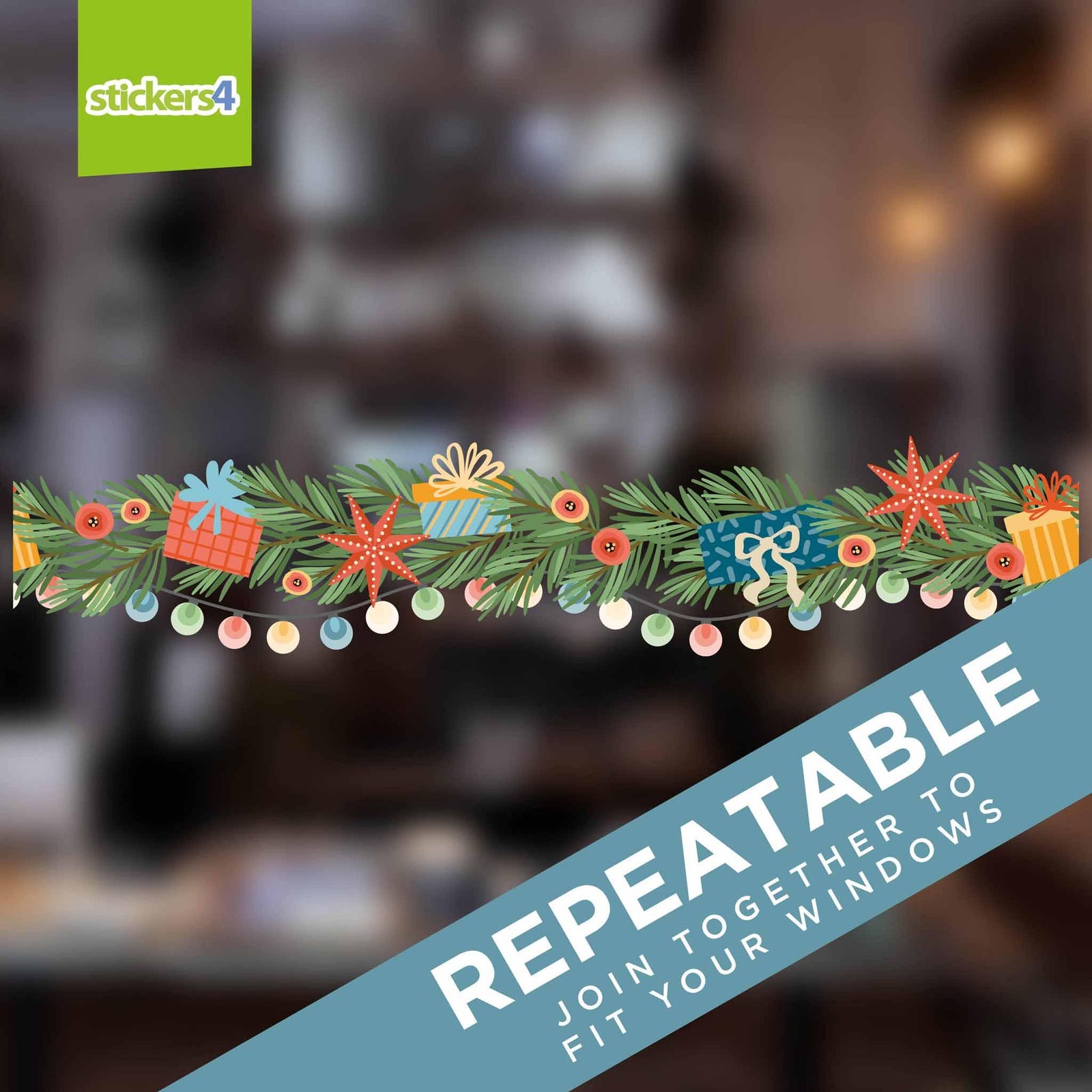 Scandi Lights and Gifts Garland Border Window Sticker Christmas Window Display