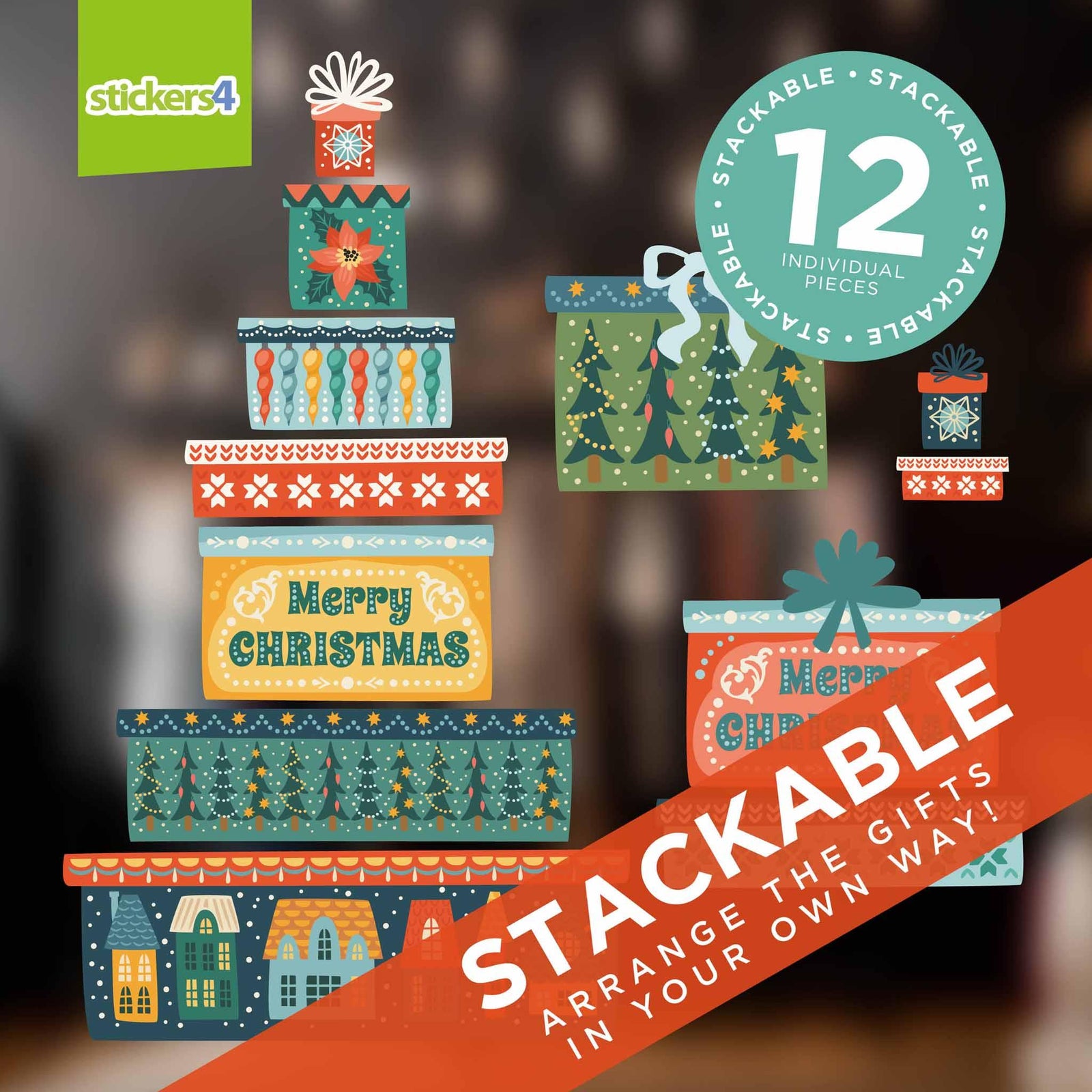 Scandi Stackable Christmas Gifts Window Stickers Christmas Window Display