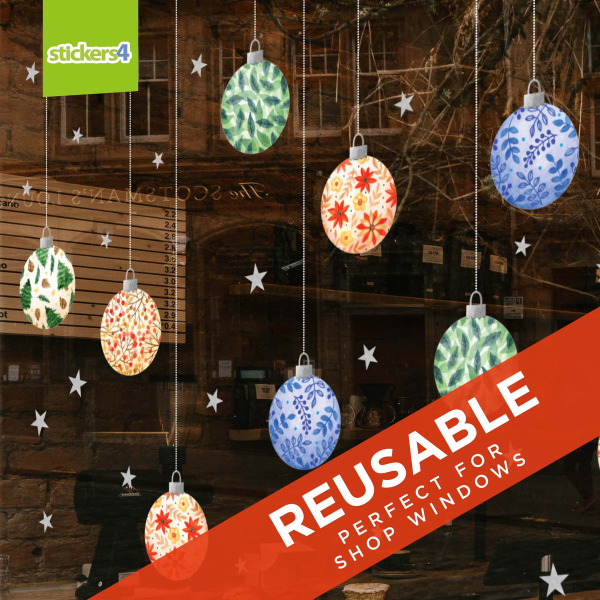 Decorative window stickers resembling Christmas ornaments with &#39;stickers4&#39; branding.