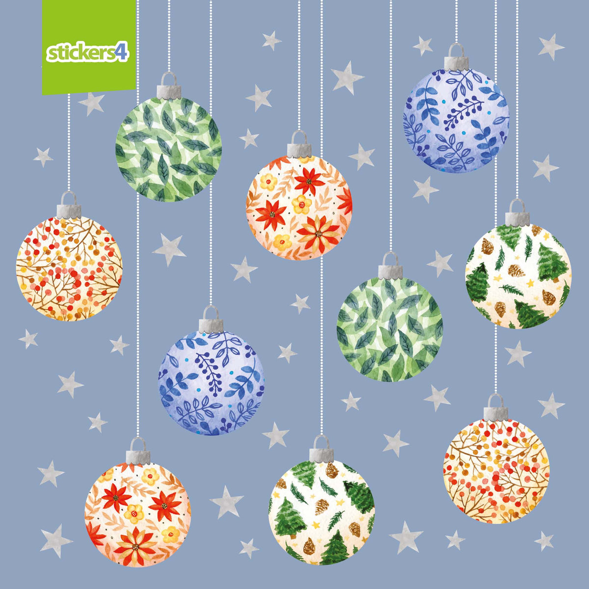 Colorful Christmas ornaments on a blue background with stars, featuring the brand &#39;stickers4&#39;.