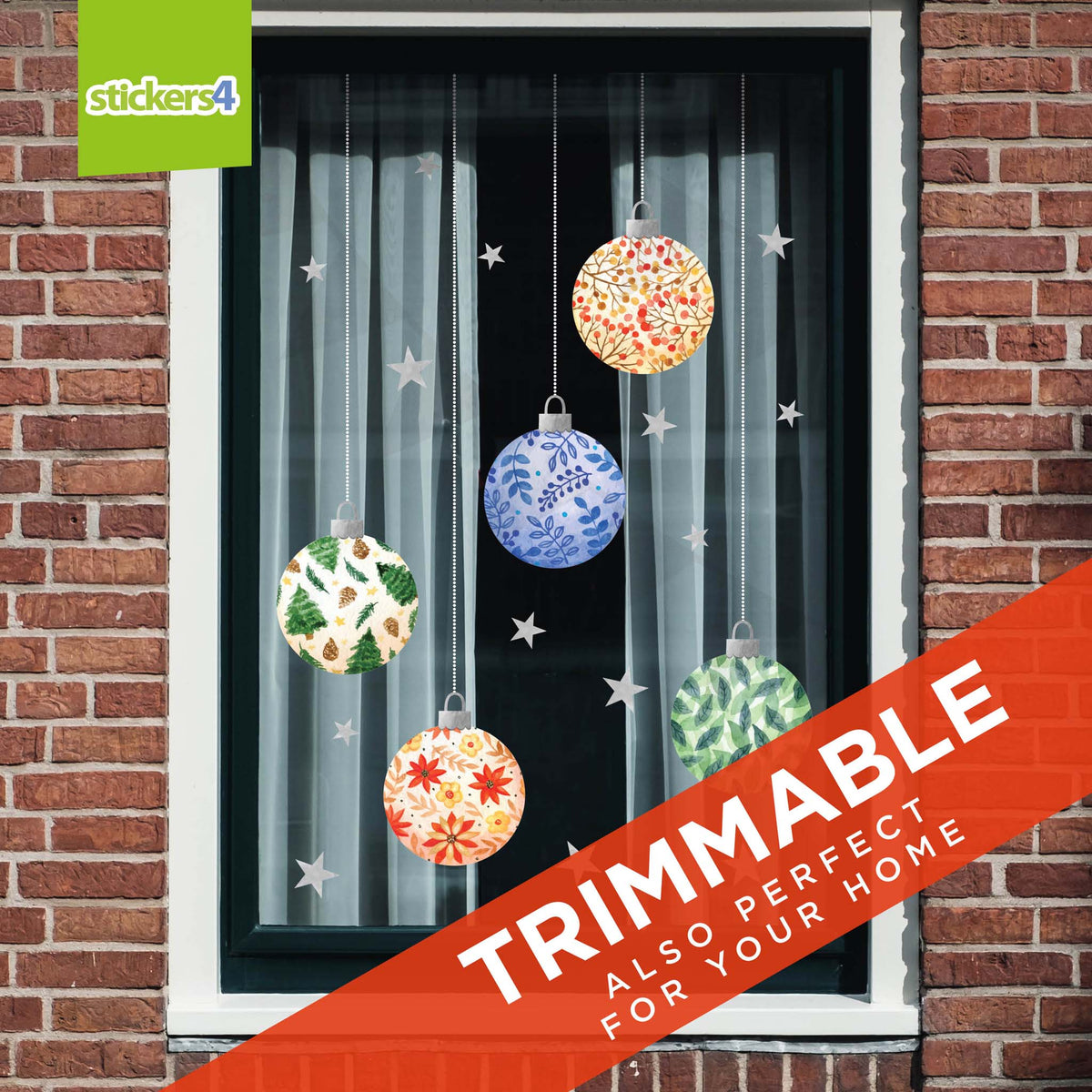 Decorative window film with colorful ornaments and stars on a brick wall background, featuring the brand &#39;stickers4&#39;.