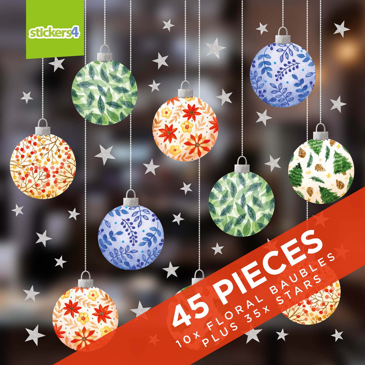Floral Christmas Baubles with Stars Window Stickers