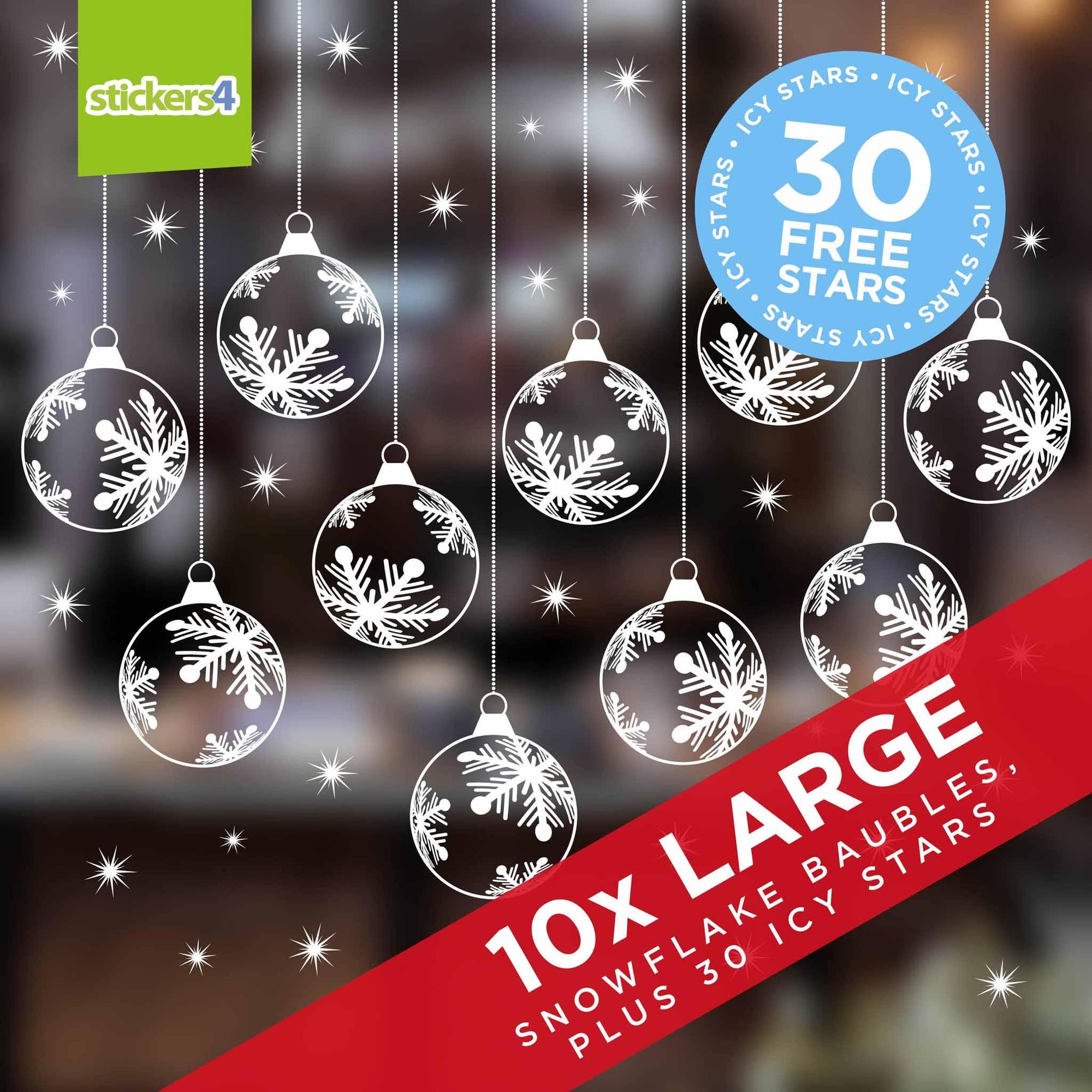 Set of 10 Large (150mm) Snowflake Bauble Window Stickers plus 30 Icy Stars Christmas Window Display