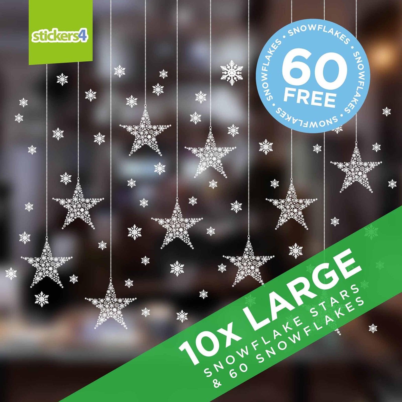 Set of 10 Large (150mm) Snowflake Star Window Stickers plus 60 Snowflakes Christmas Window Display