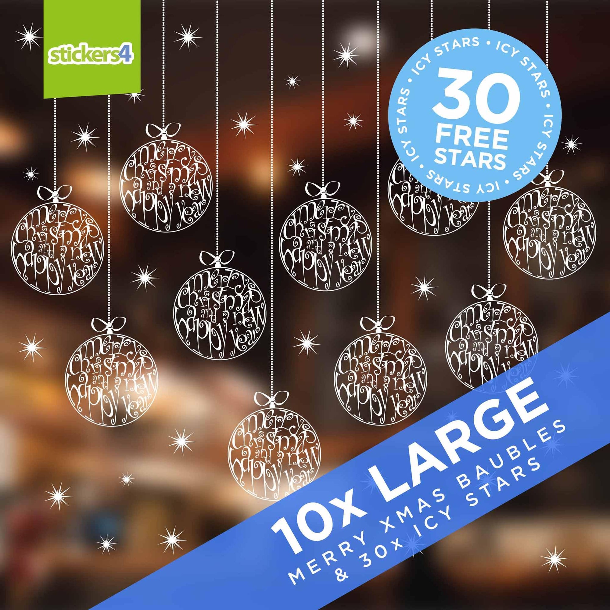 Set of 10 Large (150mm) Merry Christmas Bauble Window Stickers Christmas Window Display