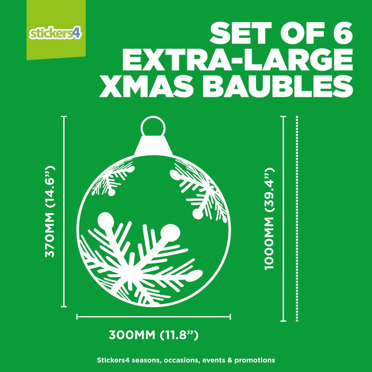 Set of 6 Extra-Large (300mm) Snowflake Bauble Window Sticker Christmas Window Display