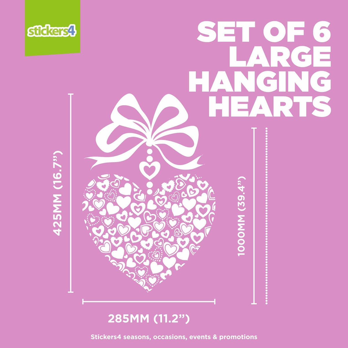 Set of 6 Large &#39;Hanging&#39; Hearts Window Cling Stickers