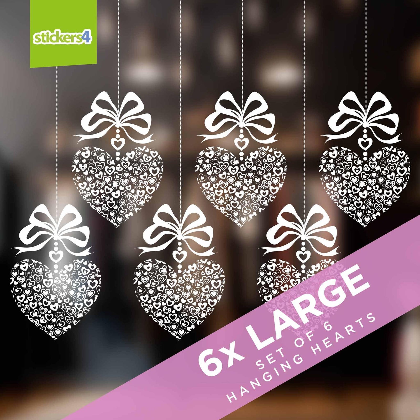 Set of 6 Large 'Hanging' Hearts Window Cling Stickers Valentine's Day Display