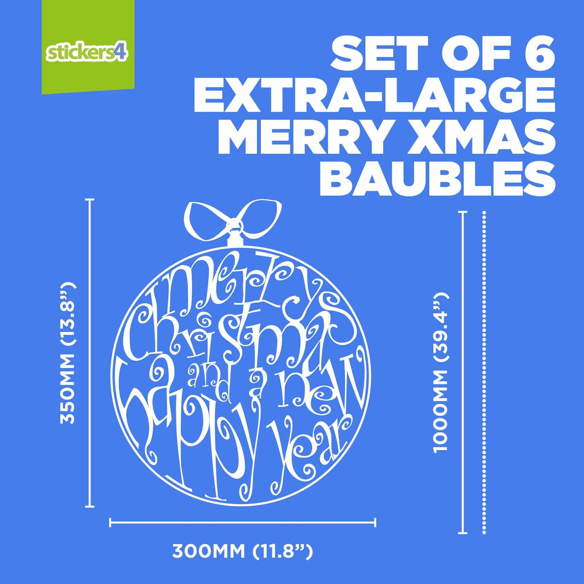 Set of 6 Extra-Large (300mm) Merry Christmas Bauble Window Stickers Christmas Window Display