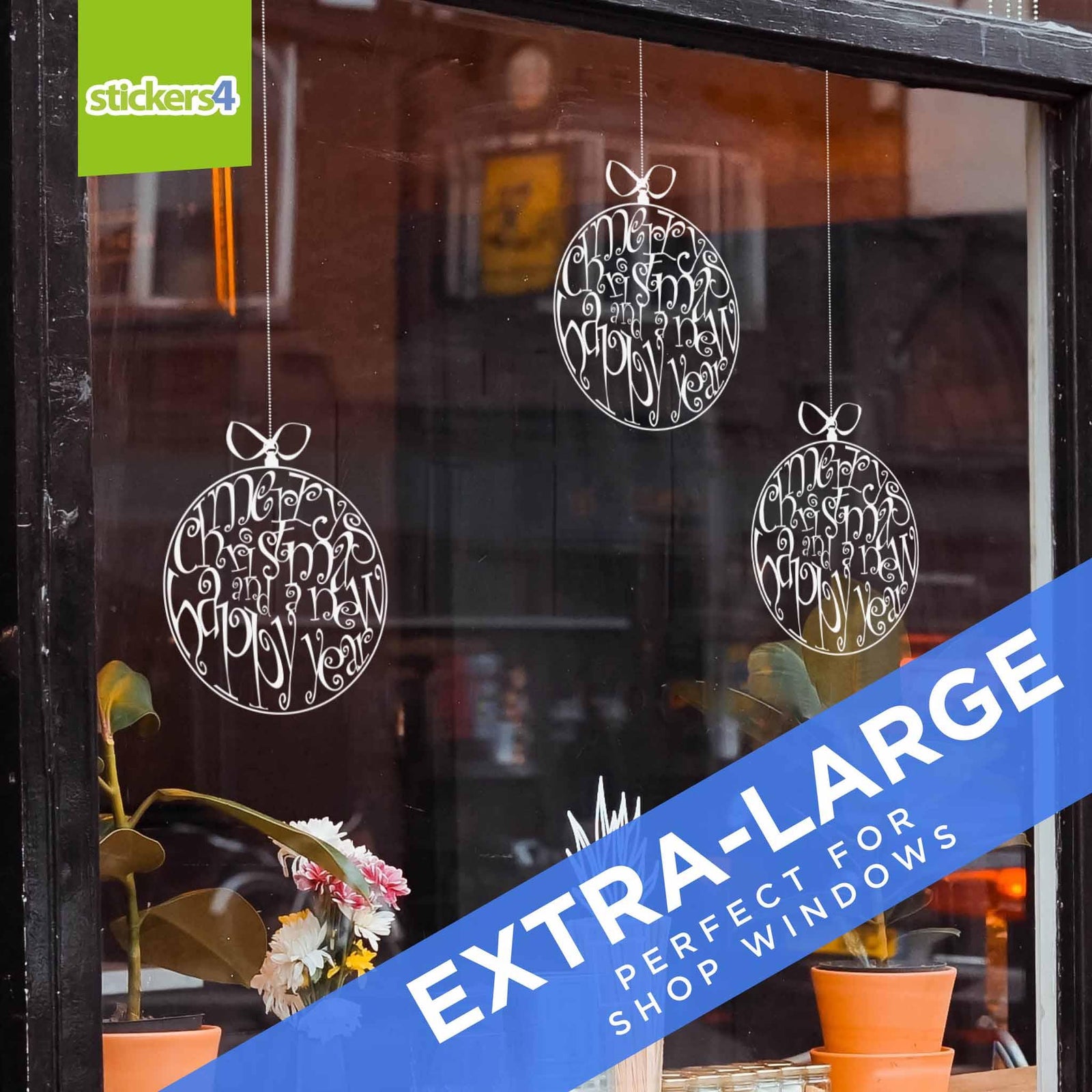 Set of 6 Extra-Large (300mm) Merry Christmas Bauble Window Stickers Christmas Window Display