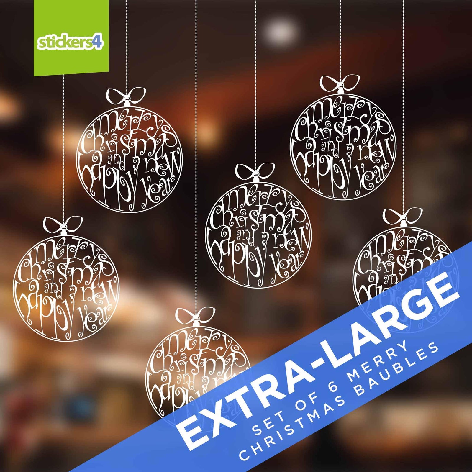 Set of 6 Extra-Large (300mm) Merry Christmas Bauble Window Stickers Christmas Window Display