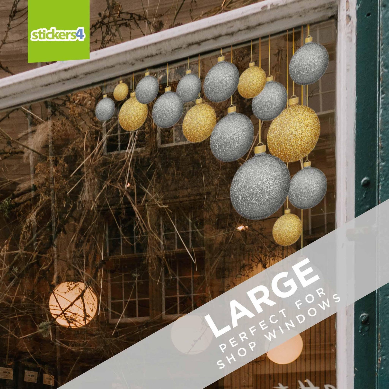 Glitter Effect Silver & Gold Double-Sided Bauble Window Cling Corners Christmas Window Display