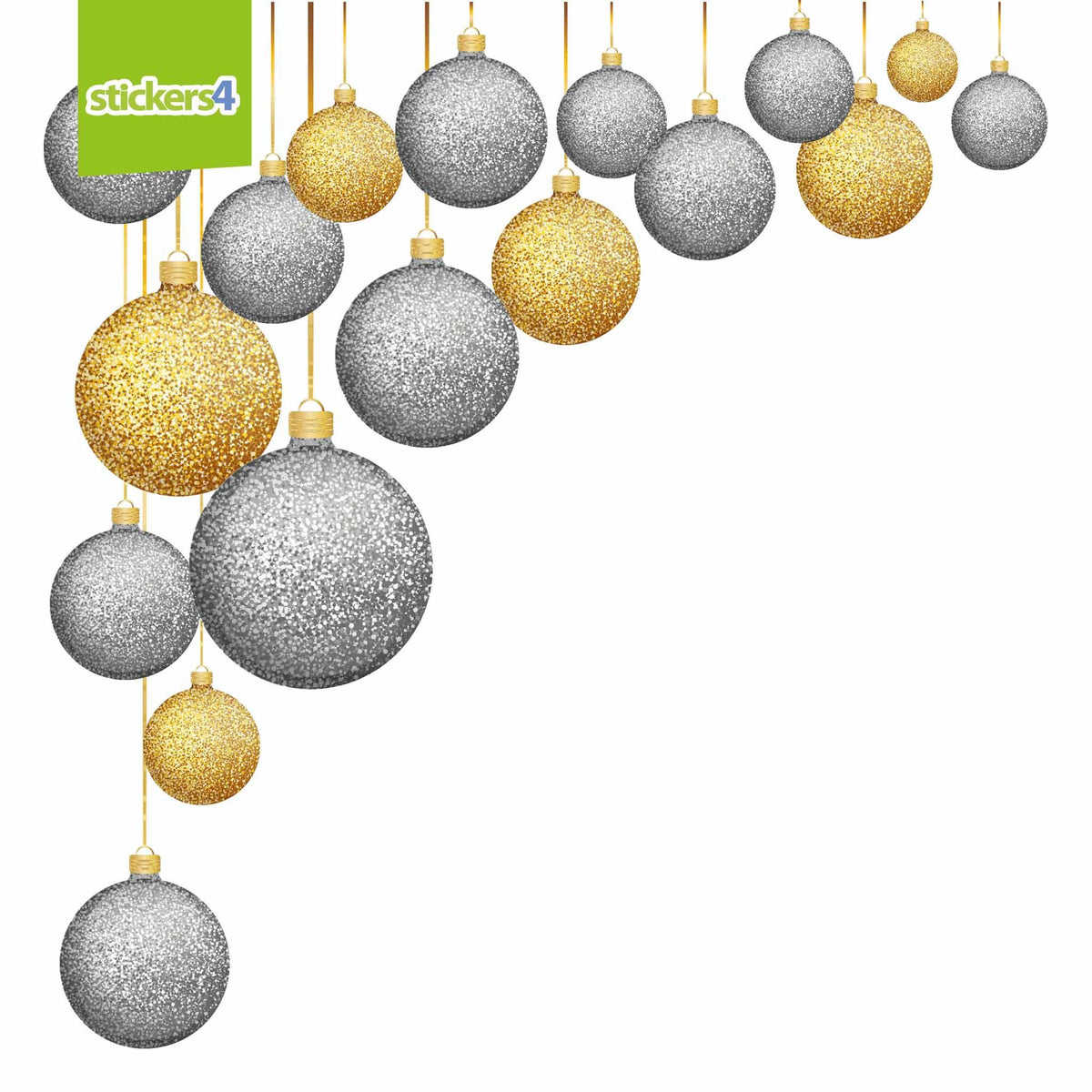 Glitter Effect Silver &amp; Gold Double-Sided Bauble Window Cling Corners Christmas Window Display