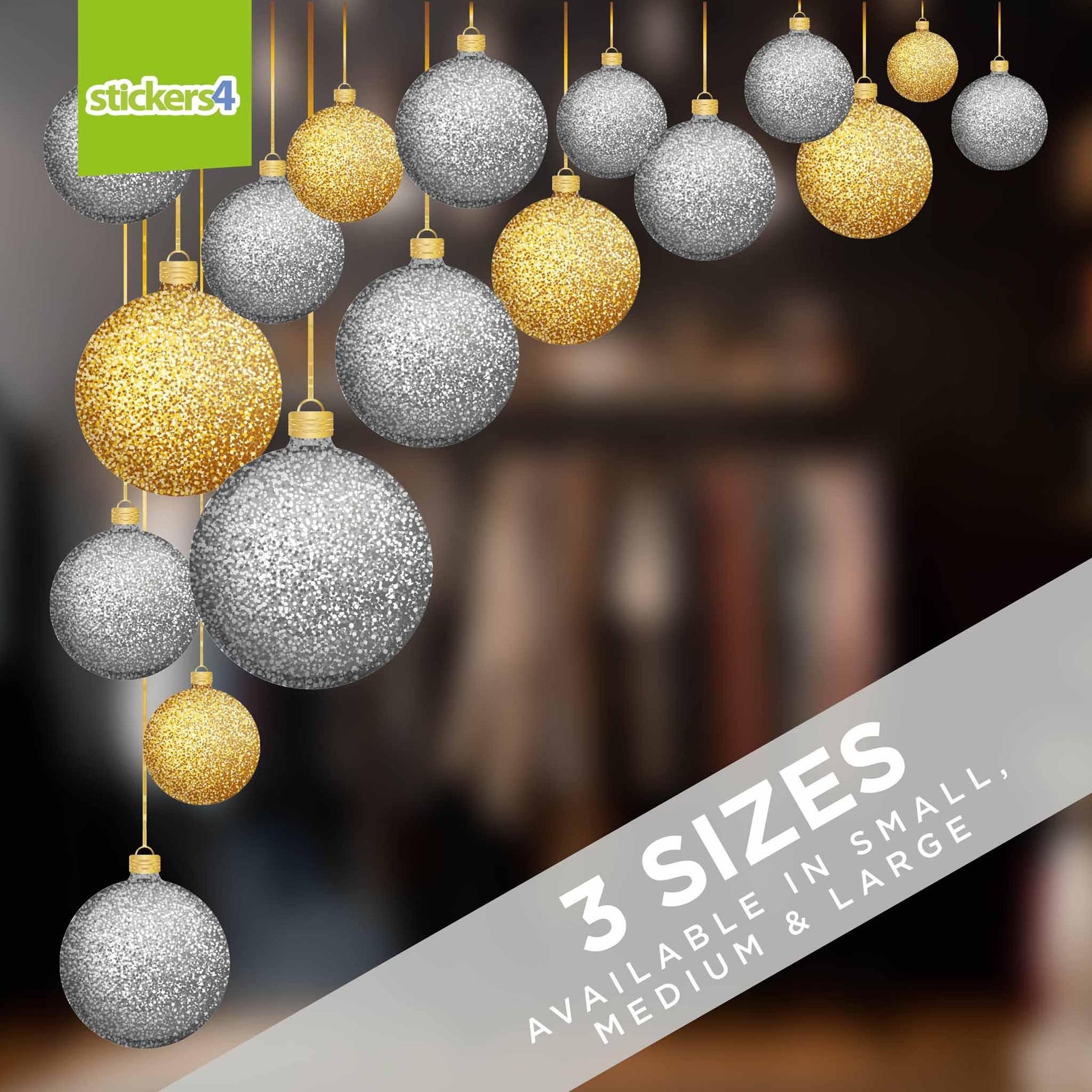 Glitter Effect Silver & Gold Double-Sided Bauble Window Cling Corners Christmas Window Display