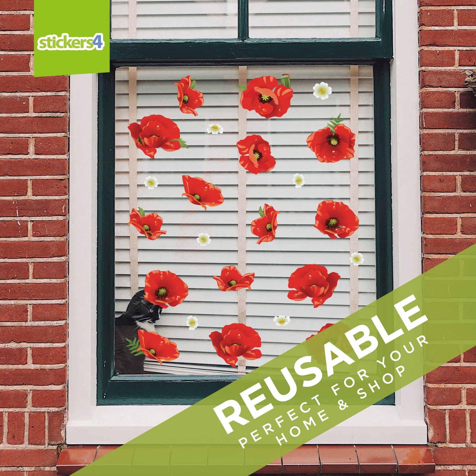 Small Pack of Poppy Flower Window Clings Remembrance Window Display